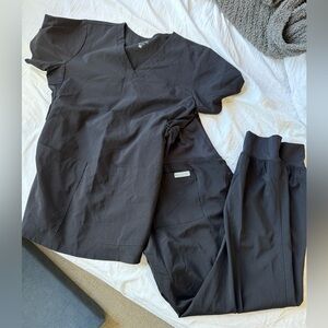 Black Womens Scrub Set - Unbranded V-Neck Top & Elastic Waist Pants